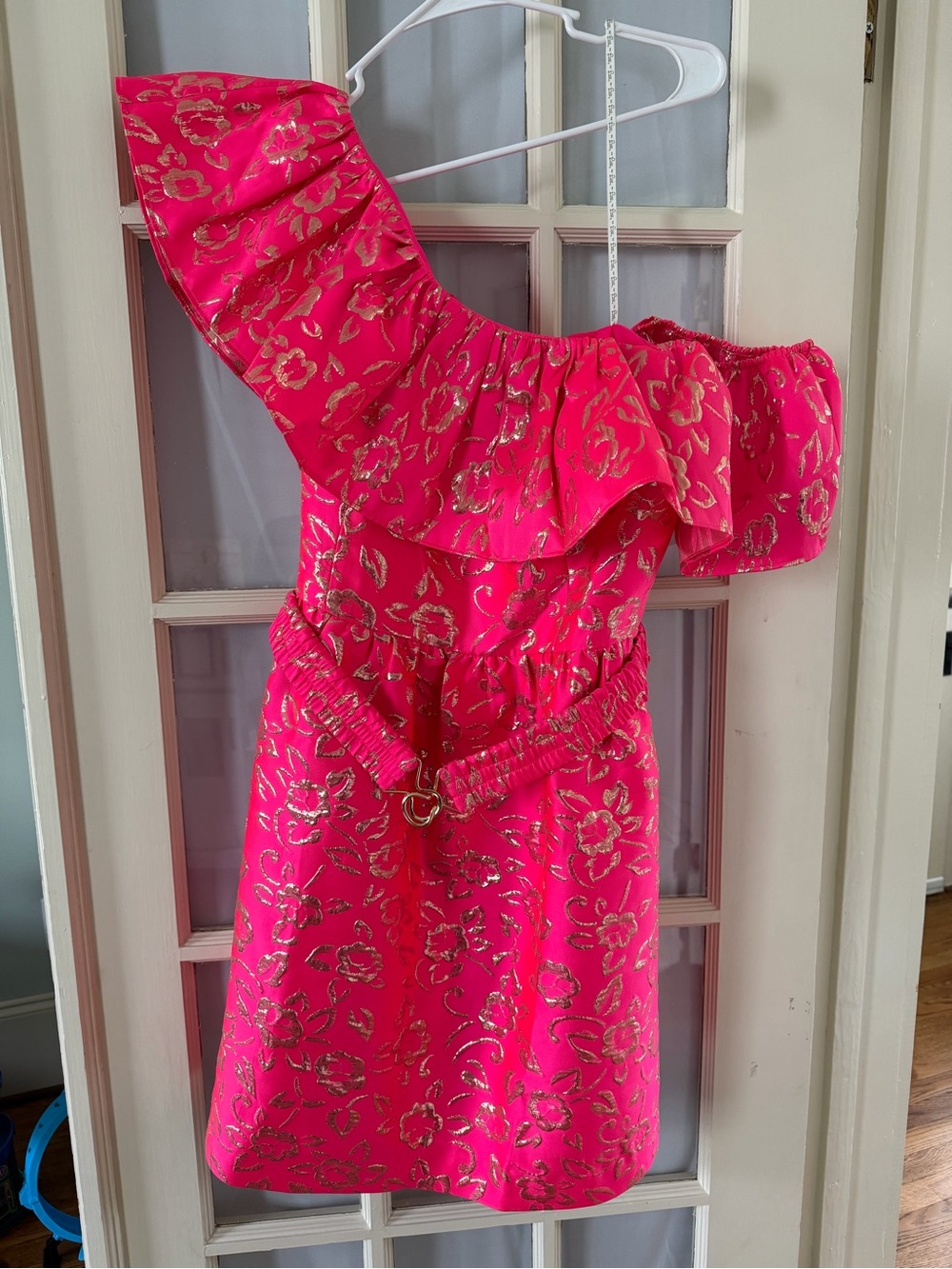 Lilly Pulitzer Hot Pink One-Shoulder Brocade Cocktail Dress with Belt Size 16